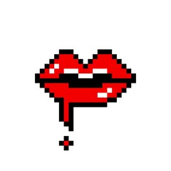 Obraz premium Red pixel lips with dripping blood. Passionate vampire kiss with in game 8bit glamor. Beautiful trendy makeup with creative vector design