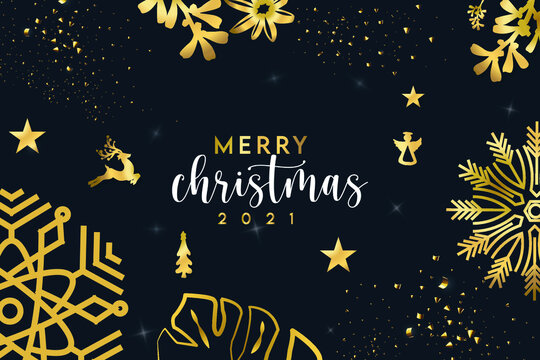 Merry Christmas background and golden tree and black background