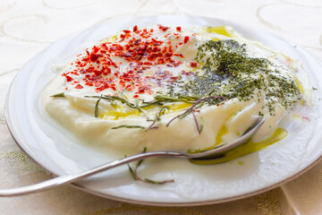 A close-up shot of traditional Turkish sauce made from yoghurt. Selective focus on the middle area.