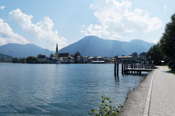 View of Rottach-Egern and Church of St. Laurentius on the shore of Lake Tegernsee in Upper Bavaria Germany