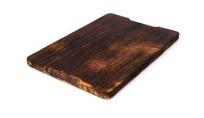 Dark wooden cutting board on white background