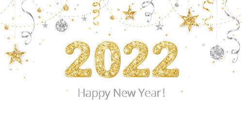 Happy New Year banner. 2022 gold glitter numbers. Confetti, ribbons and stars decoration. Gold and silver celebration background. For Christmas holiday headers, party flyers. Vector illustration.