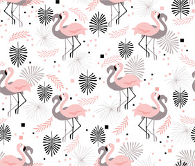Pattern with delicate flamingos and tropical leaves