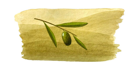 Naklejka premium Olives branch and watercolor olive wave lines background. Illustration for your design.