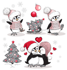 A set of cute New Year penguins