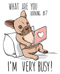 Vector drawing. Funny French bulldog working on a laptop