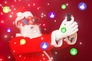 Excited Santa Claus getting attention thumb up on social media. Santa Claus using social media...