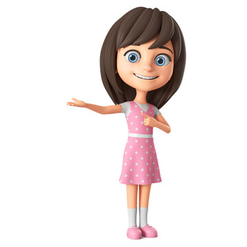 Cartoon character of a beautiful girl in a pink dress and blue eyes points to an empty palm. 3d render illustration.