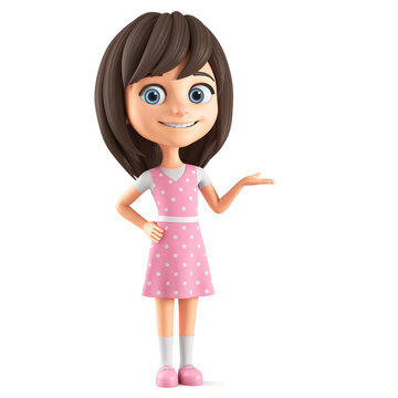 Cartoon character of a beautiful girl in a pink dress and blue eyes pointing with her hand to an empty place on a white background. 3d render illustration.