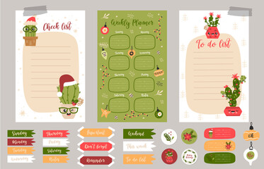 Christmas weekly planner page template, to do list with cute cacti