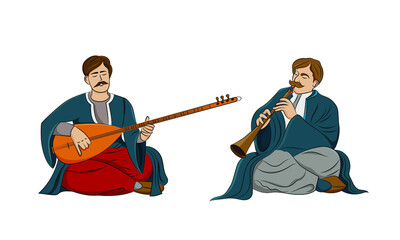 Two musicians playing saz. Folk Turkish musical instrument.