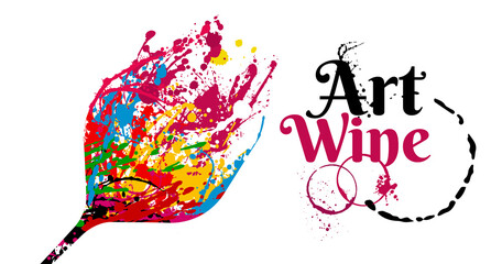 Illustration of wine glass with colorful paint stains. - 464231252