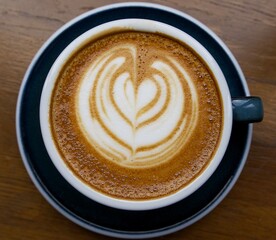 cup of cappuccino top view on the wooden table	
