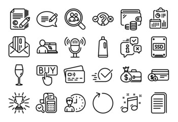 Vector set of Message, Quiz test and Copywriting line icons set. Calendar report, Money wallet and Credit card tag. Search employees, Online education and Loop icons. Vector