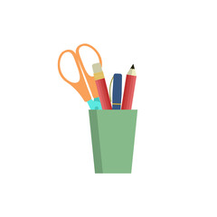 Simple green pencil holder isolated on white background icon. Pencils, pen, scissors. Flat vector illustration element