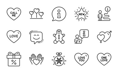 Holidays icons set. Included icon as Love, Male female, Discount offer signs. Smile face, One love, Gingerbread man symbols. Hold heart, Christmas ball, Call me. New star line icons. Vector