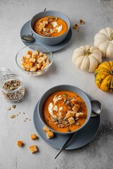 Vegetarian autumn pumpkin soup with cream, seeds and toasts. Autumn and winter healthy food concept.