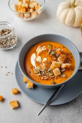 Vegetarian autumn pumpkin soup with cream, seeds and toasts. Autumn and winter healthy food concept.