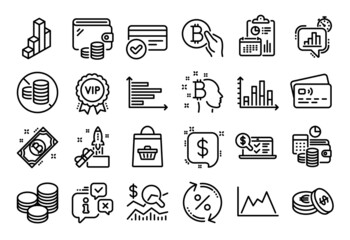 Vector set of 3d chart, Vip award and Tips line icons set. Calendar report, Money wallet and Credit card tag. Horizontal chart, Diagram graph and Payment methods icons. Vector