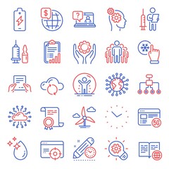 Science icons set. Included icon as Seo targeting, Cloud sync, Project deadline signs. Water drop, 5g internet, Receive file symbols. Checklist, Cogwheel, Recovered person. Restructuring. Vector