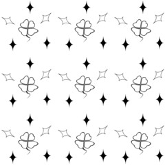 Four-leaf clover, contours of a four-leaf clover and rhombuses. Bitmap image. A repeating pattern.