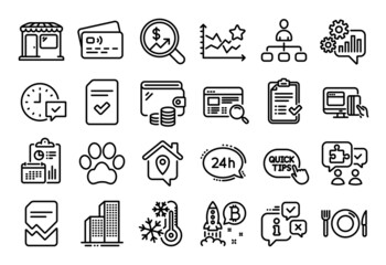 Vector set of Market, Corrupted file and Approved checklist line icons set. Calendar report, Money wallet and Credit card tag. Checked file, Cogwheel and Website search icons. Vector