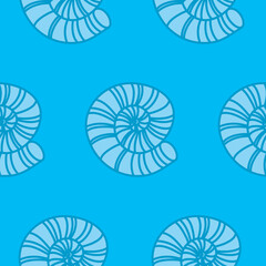 Seamless pattern sea shell blue blooms, tiles for textile decoration, nautilus ammonite