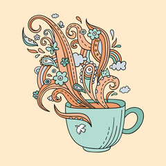 Colorful line art cup of tea or coffee. Vector adult coloring page a cup and ornate steam in doodle style. Cute print with a decorative cup.