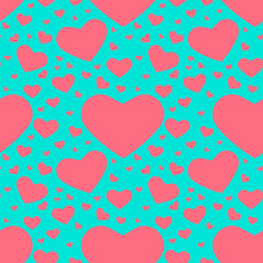 Seamless pattern, heart big and small on a blue background, vector for textiles, wallpaper and wrapping paper