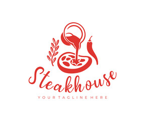 Steak, rosemary, pepper and sauce is poured from the stewpan, logo design. Steakhouse, chophouse, meat, meal and food, vector design and illustration