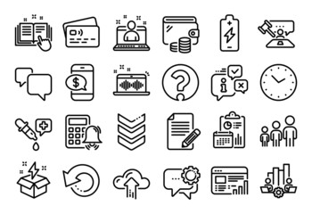 Vector set of Phone payment, Teamwork chart and Speech bubble line icons set. Calendar report, Money wallet and Credit card tag. Music making, Calculator alarm and Chemistry pipette icons. Vector