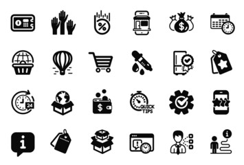 Vector Set of Technology icons related to Sale tags, Voting hands and Calendar icons. Third party, Loan percent and Project deadline signs. Safe box, Delivery service and Quick tips. Star. Vector