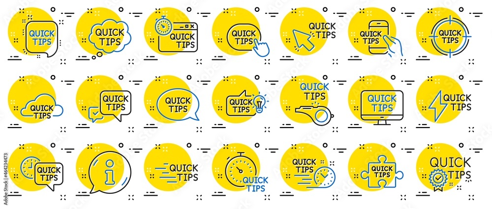 Poster quick tips line icons. set of helpful tricks, solution and quickstart guide linear icons. tutorial, 