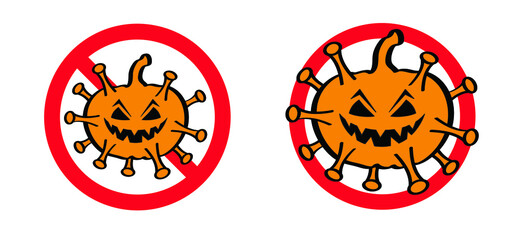 Stop, no enter signboard. Happy halloween party, october fest. Cartoon drawing pumpkins. Scary Halloween and coronavirus Covid-19 icon. Angry pumpkin pictogram. Flat vector banner.