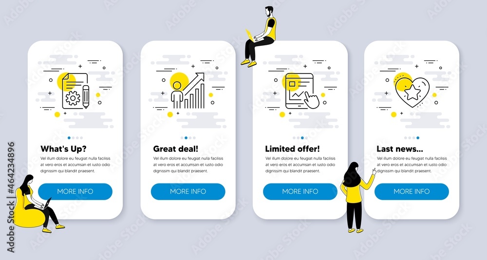 Poster vector set of education icons related to documentation, employee result and internet report icons. u