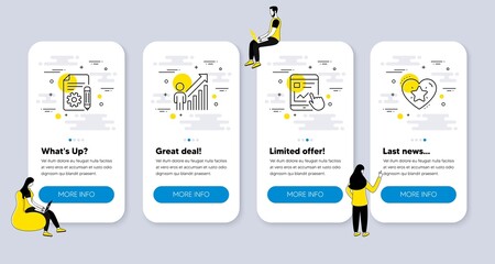 Vector Set of Education icons related to Documentation, Employee result and Internet report icons. UI phone app screens with people. Ranking star line symbols. Vector