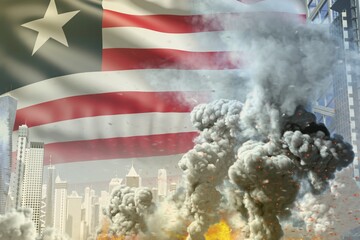 huge smoke pillar with fire in the modern city - concept of industrial explosion or terroristic act on Liberia flag background, industrial 3D illustration