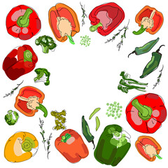 Set of vector vegetables in the form of a frame with a place for your text. Bell peppers, broccoli, green peas, herbs isolated on a white background. Organic fresh vegetables. Great design for printin