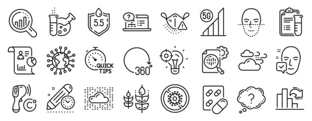 Fototapeta na wymiar Set of Science icons, such as Question mark, Face recognition, Windy weather icons. Decreasing graph, Project deadline, Capsule pill signs. Quick tips, 5g wifi, Seo stats. Face accepted. Vector