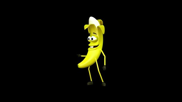 Cartoon banana points with his hand to three points