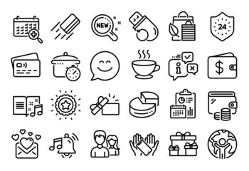 Vector set of Global business, Bio shopping and Alarm sound line icons set. Calendar report, Money wallet and Credit card tag. Coffee cup, Smile chat and Smartphone holding icons. Vector