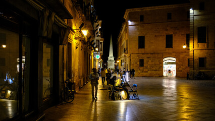 square and obelisk on the bottom in Ciutadella, Menorca, Balearic Islands, Spain. Night view