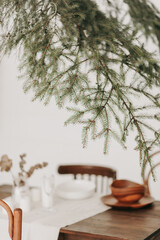 christmas aesthetics green spruce and dining table new year decor