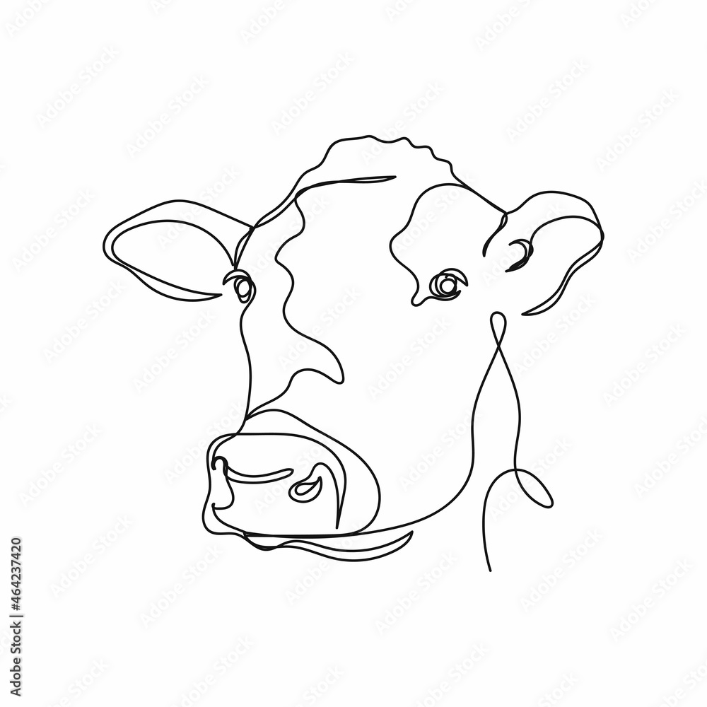 Wall mural Vector continuous one single line drawing of cow logo milk farm concept in silhouette on a white background. Linear stylized.