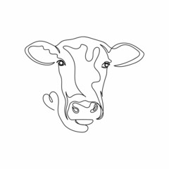 Vector continuous one single line drawing of cow farm head face logo concept in silhouette on a white background. Linear stylized.