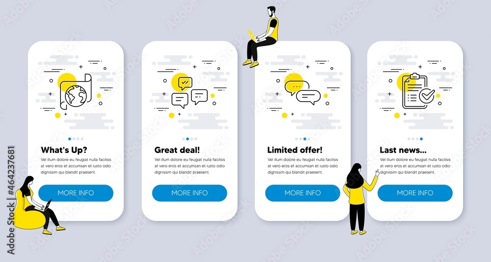 Poster vector set of technology icons related to chat messages, translation service and dots message icons.