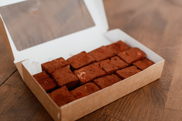 bird milk close-up in a box delicious sweet dessert for tea