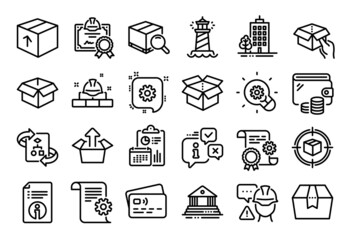 Vector set of Builder warning, Certificate and Lighthouse line icons set. Calendar report, Money wallet and Credit card tag. Hold box, Court building and Cogwheel icons. Vector