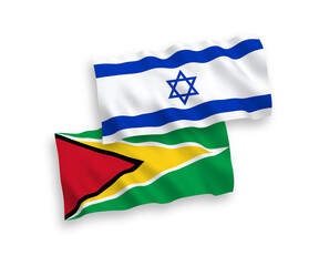 National vector fabric wave flags of Co-operative Republic of Guyana and Israel isolated on white background. 1 to 2 proportion.