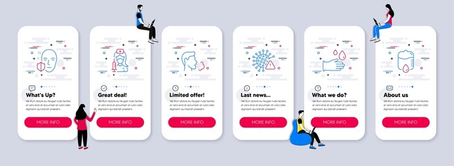 Vector Set of Healthcare icons related to Rubber gloves, Vaccination and Covid virus icons. UI phone app screens with teamwork. Face protection, Cough and Drop counter line symbols. Vector